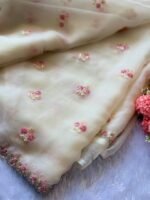 Blush Bloom Paper Silk Saree with Pink Floral Handwork Border - Image 4