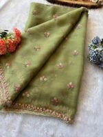 Blush Bloom Paper Silk Saree with Pink Floral Handwork Border - Image 3