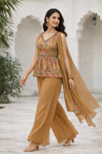 Beige Bloom Floral Peplum Palazzo Set with Dupatta - Image 3