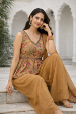 Beige Bloom Floral Peplum Palazzo Set with Dupatta - Image 2