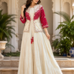 Golden Badge 3 pcs Indo Western Dress with Red colour Hand Bandhage Jacket and all over Jardoji Work