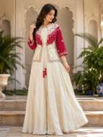 Golden Badge 3 pcs Indo Western Dress with Red colour Hand Bandhage Jacket and all over Jardoji Work