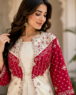 Golden Badge 3 pcs Indo Western Dress with Red colour Hand Bandhage Jacket and all over Jardoji Work - Image 2
