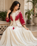 Golden Badge 3 pcs Indo Western Dress with Red colour Hand Bandhage Jacket and all over Jardoji Work - Image 3