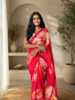 Crimson Blossom Chiffon Printed Saree - Image 4