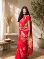Crimson Blossom Chiffon Printed Saree