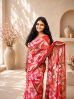 Coral Blossom Chiffon Printed Saree - Image 3
