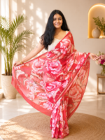 Coral Blossom Chiffon Printed Saree - Image 2