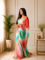 Coral Aqua Gulnaar Kachha Gota Saree - Image 5