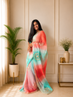 Coral Aqua Gulnaar Kachha Gota Saree - Image 4