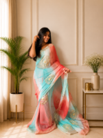 Coral Aqua Gulnaar Kachha Gota Saree - Image 3