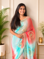 Coral Aqua Gulnaar Kachha Gota Saree - Image 2