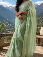 Mint Blossom Chiffon Saree 🌿 - Image 4